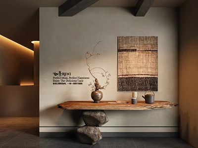 Minimalist Foyer Design With Wooden Console And Natural Decor 3d model