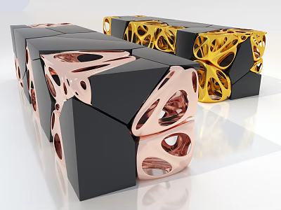 Modern Geometric Public Chairs With Black Gold Rose Gold Hollow Patterns And Sculptural Design 3d model