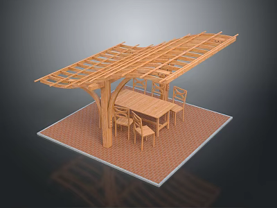 Wooden Pergola Outdoor Dining Structure With Table Chairs And Brick Floor 3d model