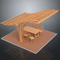 Wooden Pergola Outdoor Dining Structure With Table Chairs And Brick Floor