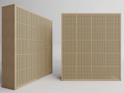 Minimalist Wooden Wardrobe With Grid Design And Woven Texture Panels 3d model