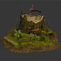 Natural Tree Stump With Orange Mushrooms Green Moss And Fallen Leaves