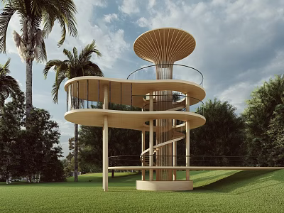 Modern Wooden Tower With Spiral Staircase Observation Deck Surrounded By Palm Trees And Green Grass 3d model