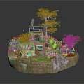 Cartoon Scene With Tiny House Solar Panels Greenhouse Trees Rocks And Water Area