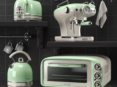 Mint Green Kitchen Appliances With Coffee Maker Toaster Oven And Kettle On Modern Countertop 3d model