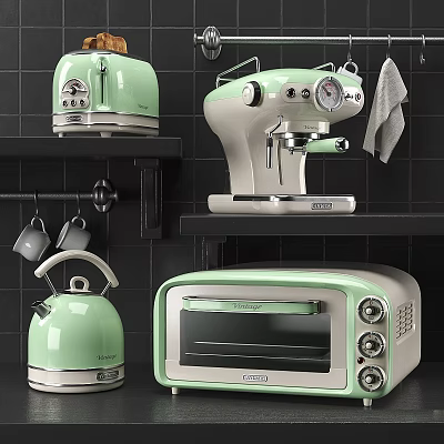 Mint Green Kitchen Appliances With Coffee Maker Toaster Oven And Kettle On Modern Countertop 3d model