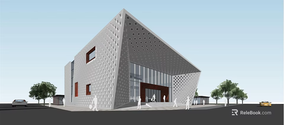 Modern Geometric Building With Perforated Facade Glass Windows And Pedestrians At Entrance 3d model 