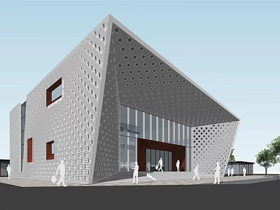 Modern Geometric Building With Perforated Facade Glass Windows And Pedestrians At Entrance 3d model