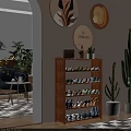 Wooden Shoe Cabinet With Multiple Shelves Various Shoes Green Plants And Decorative Wall Art
