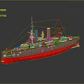 Detailed Vintage Warship Model With Green Upper Hull Red Bottom Tall Masts And Chimneys