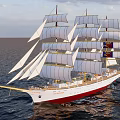 Tall Sailing Ship With Multiple Masts White Sails And Red Hull Sailing On Open Sea