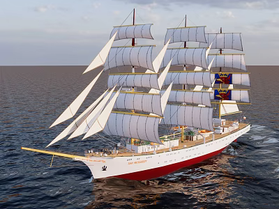 Tall Sailing Ship With Multiple Masts White Sails And Red Hull Sailing On Open Sea 3d model