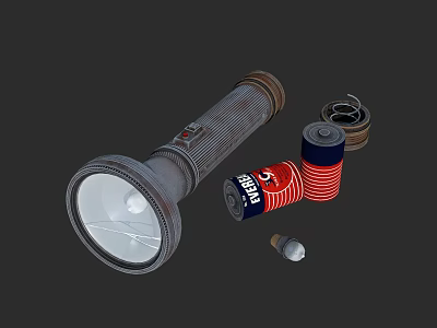 Vintage Textured Metal Flashlight With Red Blue Batteries And Small Parts 3d model
