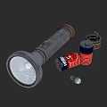 Vintage Textured Metal Flashlight With Red Blue Batteries And Small Parts