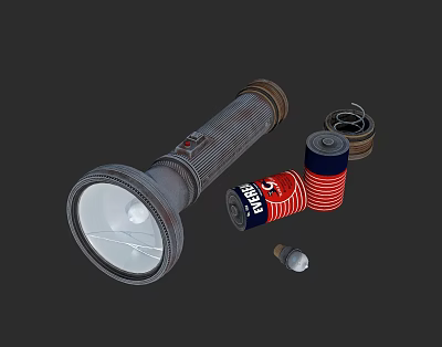 Vintage Textured Metal Flashlight With Red Blue Batteries And Small Parts 3d model
