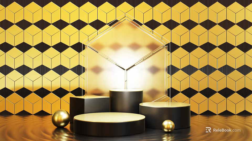 Gold Black Geometric Pattern Display Setup With Transparent Frame And Golden Spheres 3d model