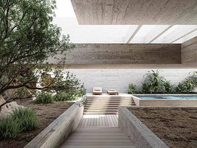 Rockery Stones In Modern Courtyard With Wooden Walkway Steps Greenery And Swimming Pool 3d model