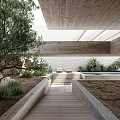 Rockery Stones In Modern Courtyard With Wooden Walkway Steps Greenery And Swimming Pool