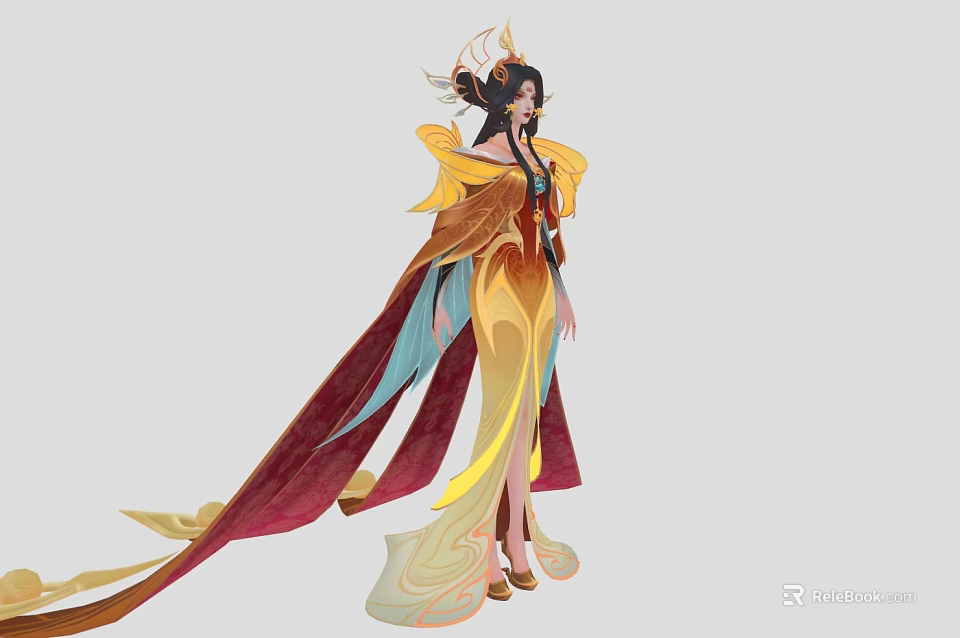 Woman In Traditional Elegant Costume With Yellow Red Blue Flowing Long Dress And Intricate Headdress 3d model 