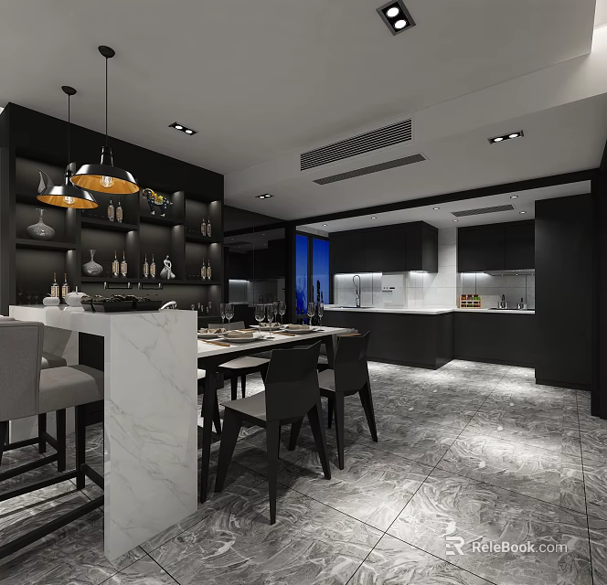 Modern Restaurant Interior With Black Cabinets White Marble Table And Hanging Lights 3d model 