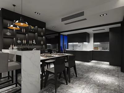 Modern Restaurant Interior With Black Cabinets White Marble Table And Hanging Lights 3d model