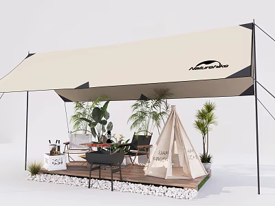 Cozy Canvas Pyramid Tent Setup With Outdoor Chairs Potted Plants And Wooden Deck 3d model