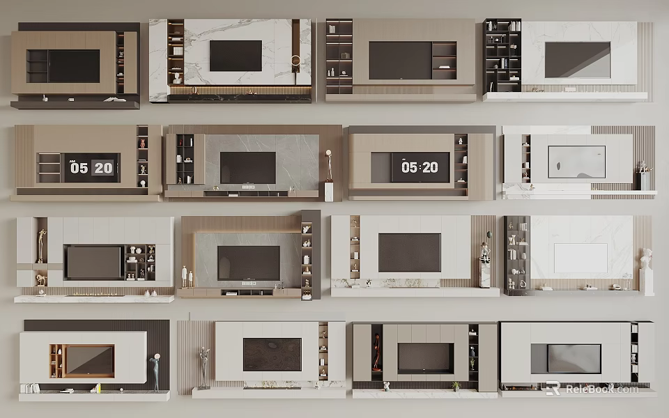Modern TV Wall Design with Marble Panels Wooden Accents and Storage Cabinets 3d model 