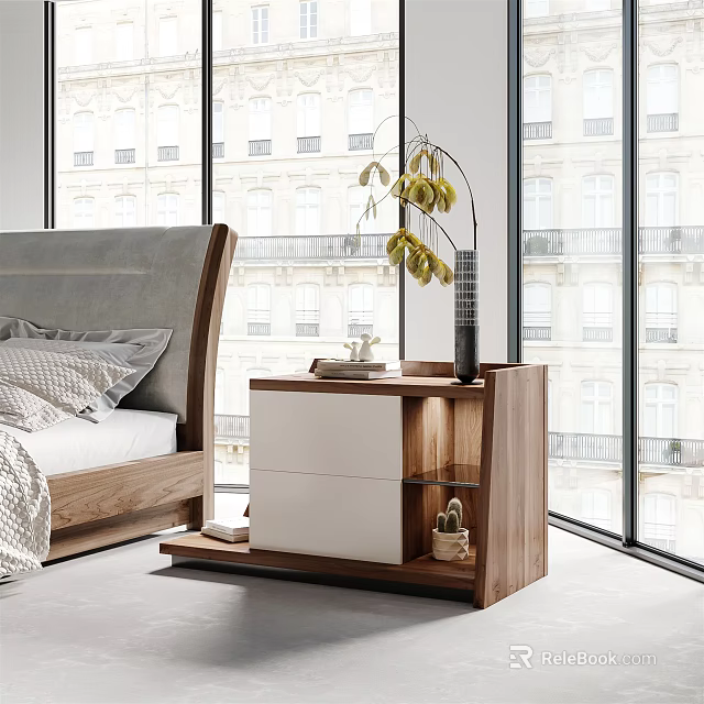 Modern Wooden Nightstand With Sleek Drawer And Potted Plant In Bright Bedroom Interior 3d model 