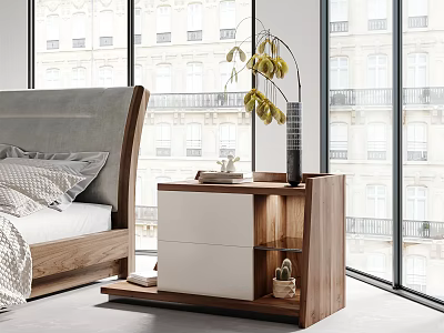 Modern Wooden Nightstand With Sleek Drawer And Potted Plant In Bright Bedroom Interior 3d model