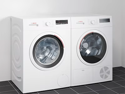 Two White Modern Washing Machines Side By Side With Digital Control Panels 3d model