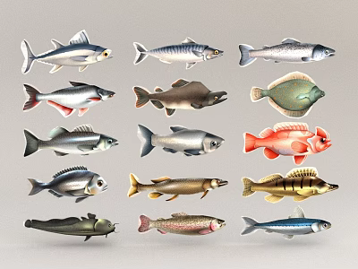 Various Aquatic Animals Different Fish Species with Colorful Patterns and Shapes 3d model