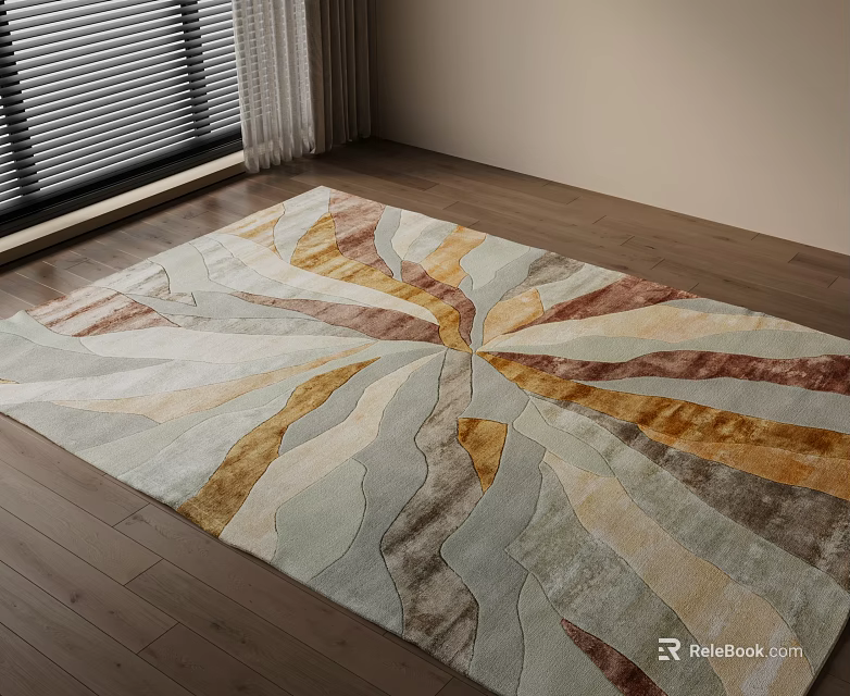 Square Area Rug With Colorful Geometric Pattern On Wooden Floor 3d model 