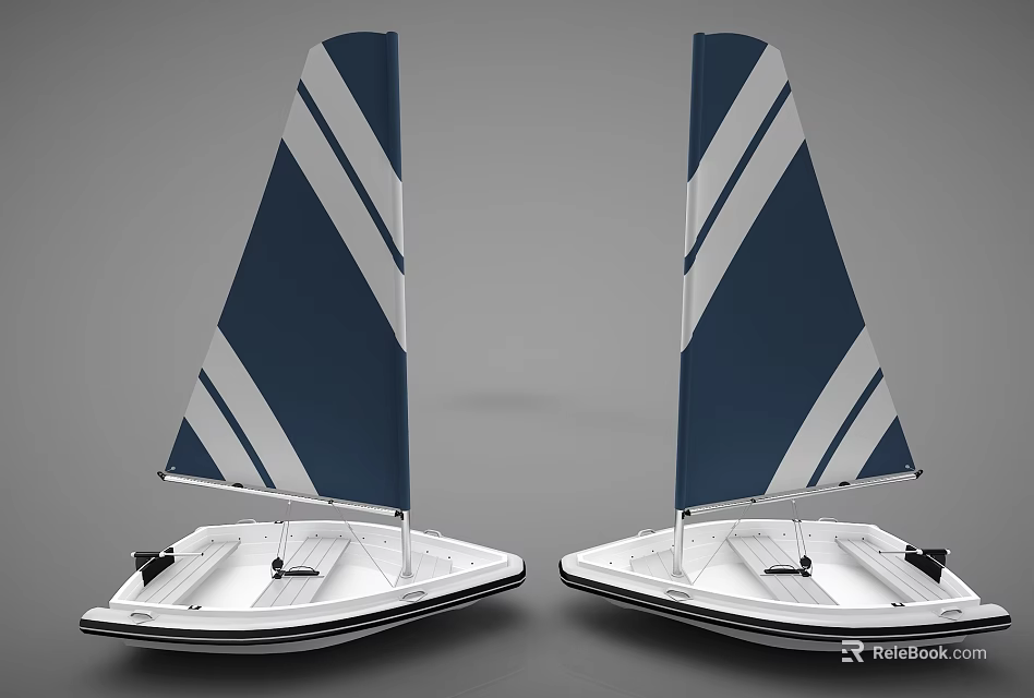 Two White Sailboats With Blue And White Striped Sails Sailing Side By Side 3d model 