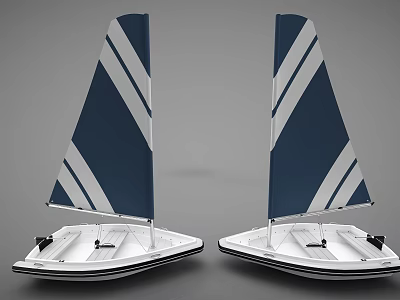 Two White Sailboats With Blue And White Striped Sails Sailing Side By Side 3d model