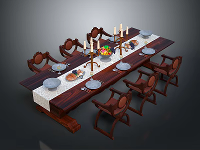 Elegant Wooden Dining Table Set With Carved Chairs Plates Candles And Fruit Bowl 3d model