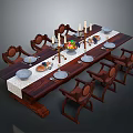 Elegant Wooden Dining Table Set With Carved Chairs Plates Candles And Fruit Bowl