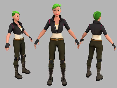 3D Character Design With Green Hair Black Shirt Green Pants Knee Pads And Three Angles 3d model