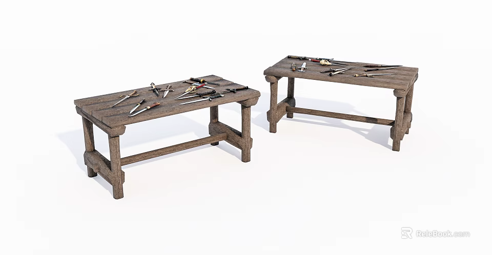 Two Rustic Wooden Coffee Tables With Various Tools Placed On Top 3d model 