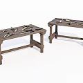 Two Rustic Wooden Coffee Tables With Various Tools Placed On Top