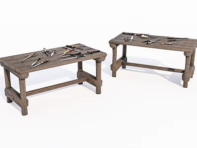 Two Rustic Wooden Coffee Tables With Various Tools Placed On Top 3d model