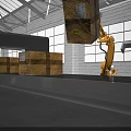 Industrial Warehouse Automated Handling With Robot And Robotic Arm Moving Boxes