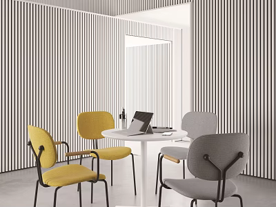 Modern Round Table With Yellow And Grey Chairs In Vertical Striped Room 3d model