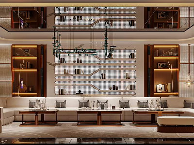Modern Living Room Interior Design With Large Sofa Coffee Tables And Bookshelf Chandelier 3d model