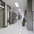 Modern Office Hallway With Gray Walls Seats Ceiling Lights And Tile Floor