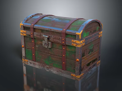 Vintage Wooden Storage Chest With Leather Straps Metal Lock Green Blue Distressed Texture Home Organizer 3d model