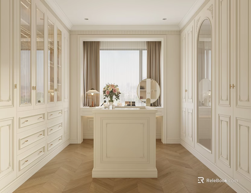 Elegant White Walk In Closet With Central Vanity And Cabinets 3d model