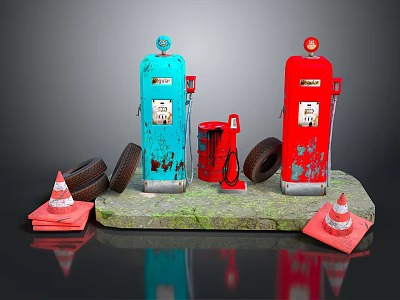 Vintage Blue And Red Fuel Pumps With Rusty Tire And Traffic Cones On Stone Base 3d model