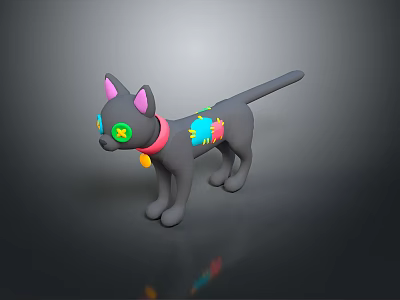 3D Gray Cat Model With Pink Ears Green Eyes Red Collar And Colorful Decorations 3d model