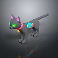 3D Gray Cat Model With Pink Ears Green Eyes Red Collar And Colorful Decorations