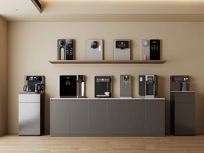 Various Modern Home Appliances Display On Gray Cabinets And Wall Shelves 3d model